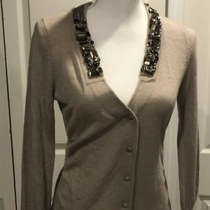 LOFT Jeweled  Cardigan Sweater Camel  Wool Blend